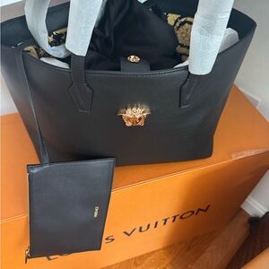 SOLD Versace Black Leather Tote Bag with Gold Accents